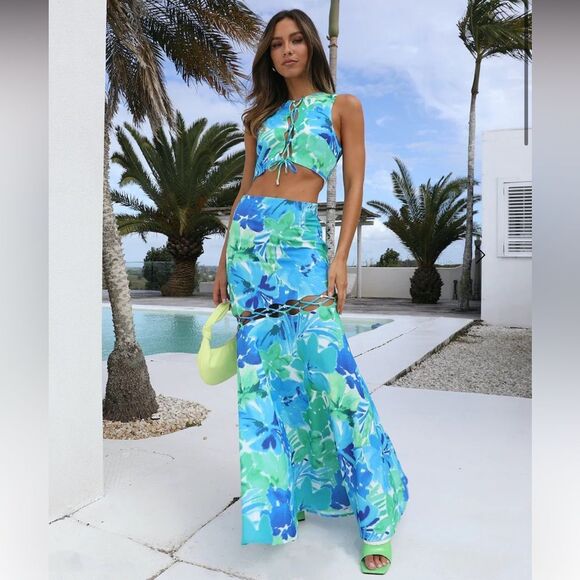 NWT Runaway the label Stelani maxi skirt blue green floral XS - Picture 2 of 9